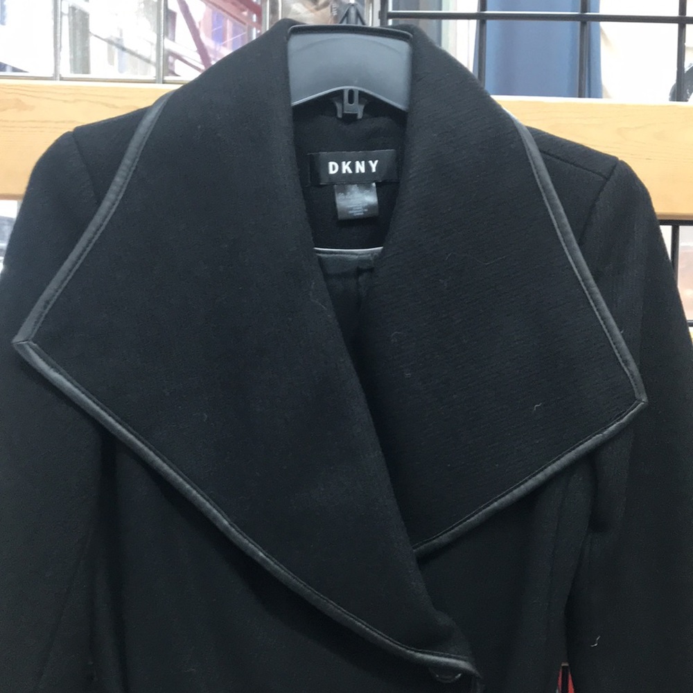 DKNY Petite Faux-Leather-Trim Wrap Coat,black,NWT - Picture 9 of 17